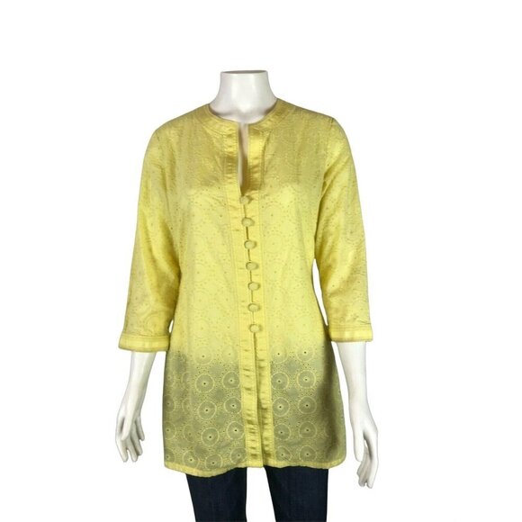 Chicos Womens Tunic Top 0 Small Button Eyelet Yellow 3/4 Sleeve - Picture 1 of 7